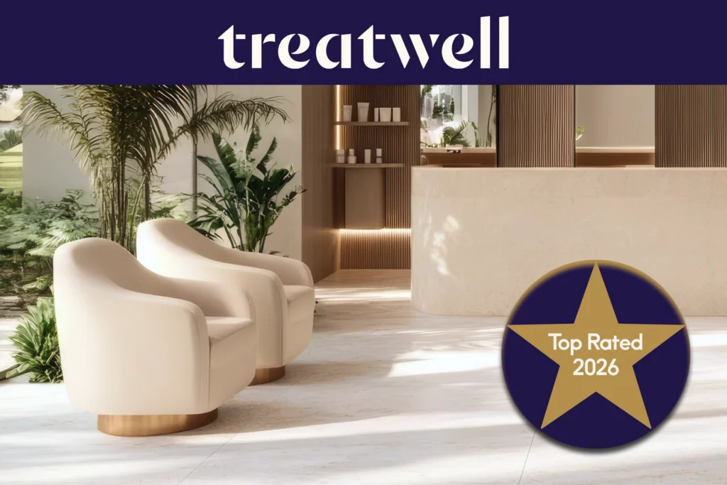 Treatwell Top Rated 2026 badge over a bright salon reception with cream armchairs and plants
