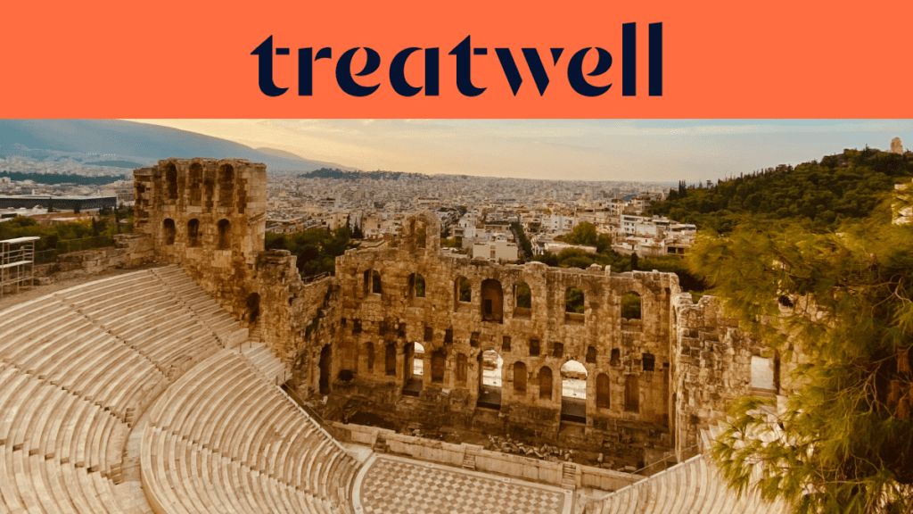 The Odeon of Herodes Atticus, an ancient stone amphitheatre at the foot of the Acropolis in Athens, with the modern city skyline stretching into the distance under a warm golden-hour sky. A coral-orange banner with the Treatwell logo sits above the image.