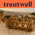 The Odeon of Herodes Atticus, an ancient stone amphitheatre at the foot of the Acropolis in Athens, with the modern city skyline stretching into the distance under a warm golden-hour sky. A coral-orange banner with the Treatwell logo sits above the image.