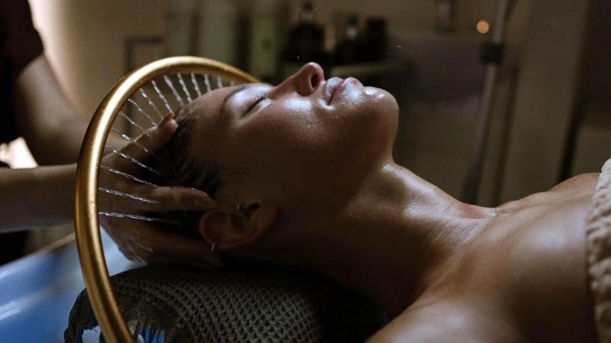 Close-up of woman relaxing with eyes closed during a Japanese head spa treatment in a calm salon