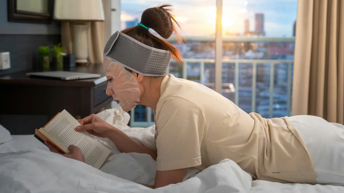 Side-view of a woman lying on her front on her bed at home reading a book as she wears a hydrating face mask and beauty headband