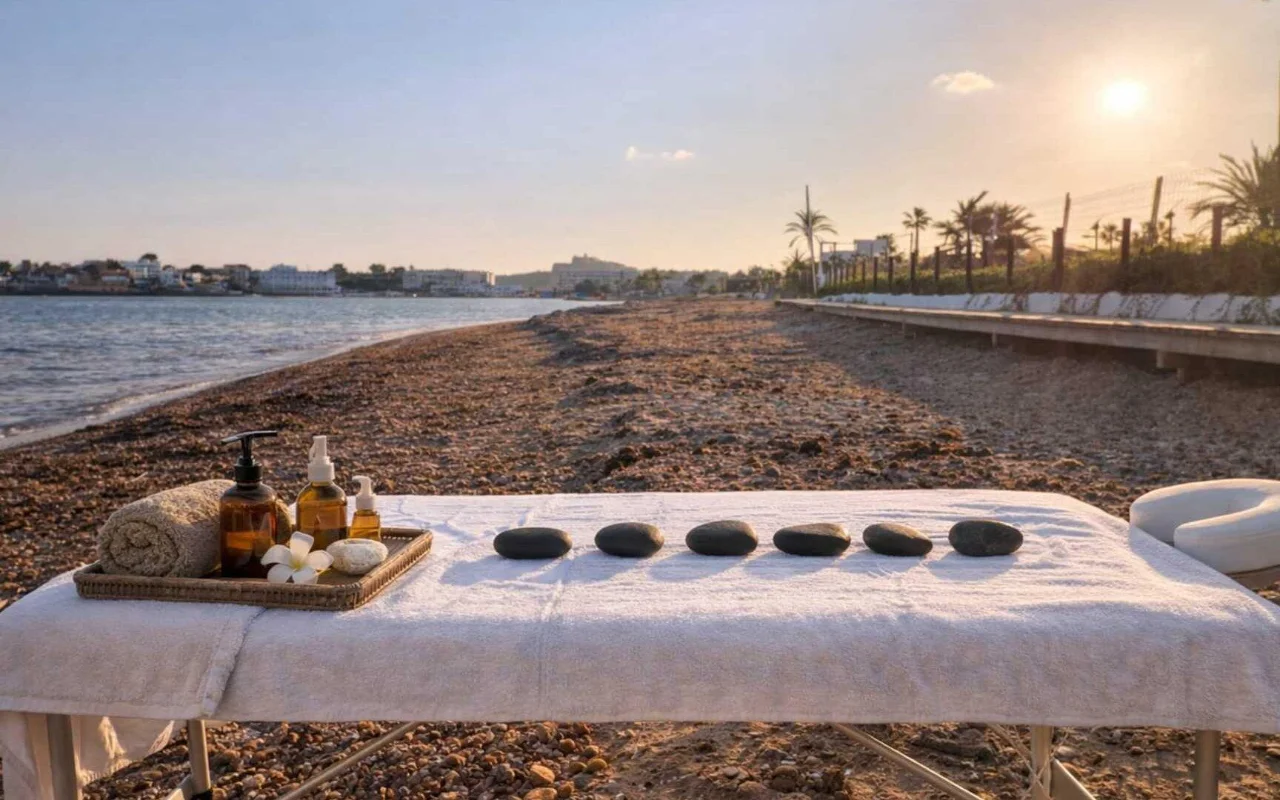 A massage table set up on a pebbly beach at golden hour, laid with a rolled towel, a tray of amber oil bottles, a frangipani flower and a row of dark hot stones. The sea and a palm-lined shore stretch into the distance under a warm evening sky.