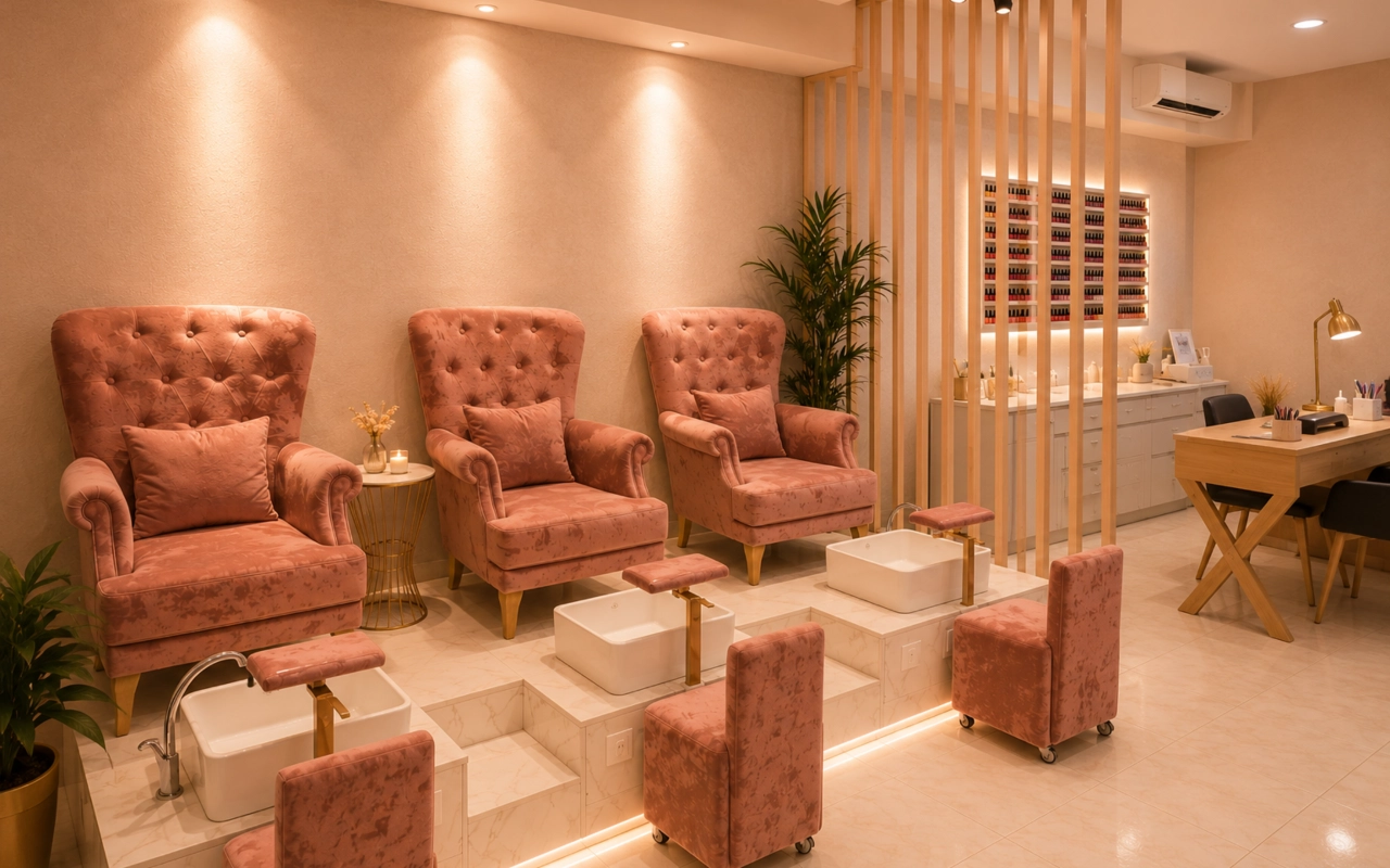 Een luxueuze, warm verlichte pedicure- en schoonheidssalon met een zachtroze kleurenpalet. Aan de linkerkant staan drie comfortabele, oudroze gecapitonneerde fauteuils met bijpassende kussens op een verhoogd marmeren platform. Voor elke stoel staat een witte, vierkante waskom met gouden kranen en een klein roze rolkrukje voor de behandelaar. Een houten lattenwand scheidt het pedicuregedeelte van een manicuretafel aan de rechterkant en een wanddisplay met rijen nagellakflesjes onder zachte achtergrondverlichting.