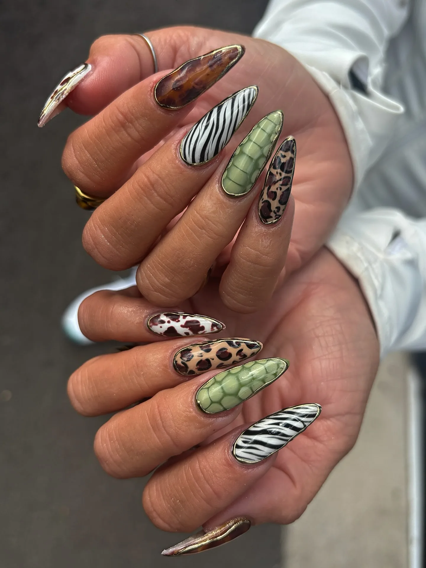 Lange amandelnagels in schildpad-, zebra-, luipaard- en groene krokodillenprint, afgezet met goud.
