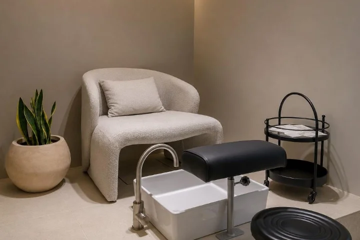 Een rustige pedicurehoek in zachte taupetinten, met een gebogen crèmekleurige bouclé-fauteuil en kussen, een wit pedicurevoetenbad met zwarte voetensteun, een ronde zwarte trolley en een vrouwentong in pot.