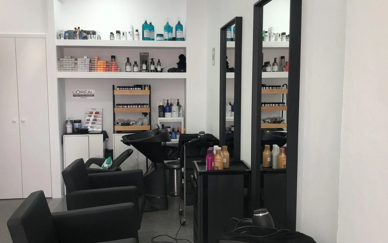 Een kapsalon met zwarte wasstoelen en -bakken, twee hoge smalle wandspiegels en planken vol professionele kleur- en haarverzorgingsproducten.