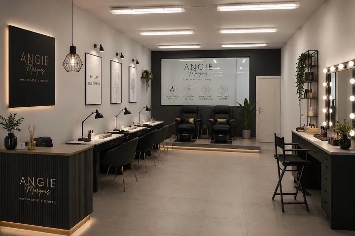 Strakke, moderne beautystudio in zwart en goud, met de Angie Marques-signatuur aan de muur, een rij manicurestoelen en lampen aan één zijde, een verhoging met behandelstoelen en een make-upspiegel met peertjes rechts.